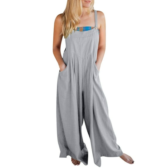 Summer Plus Size Wide Leg Loose Fit Solid Color Cotton Overalls,Women's Overalls With Suspender Jumpsuit