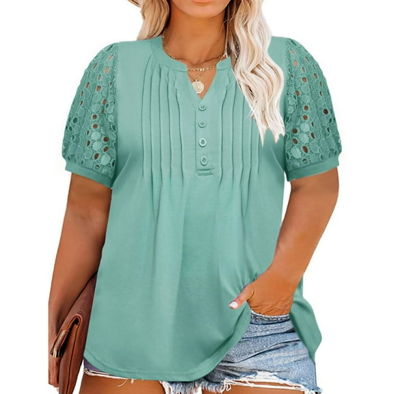 Summer Plus Size Women Casual Hollow Short Sleeved Loose Henley Blouse Tops