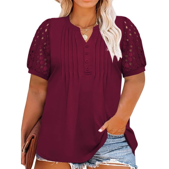 Summer Plus Size Women Casual Hollow Short Sleeved Loose Henley Blouse Tops