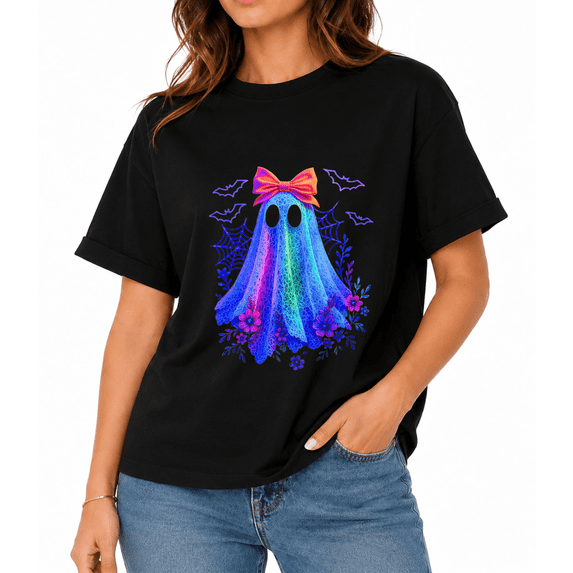 Halloween Ghost Graphic T-Shirt for Women, Cute Bat Spider Web Casual Tee
