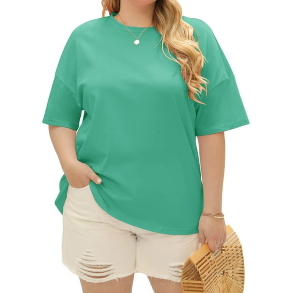 Summer Plus Size Women Solid Color Casual T-shirt Short Sleeve Crew Neck Tops