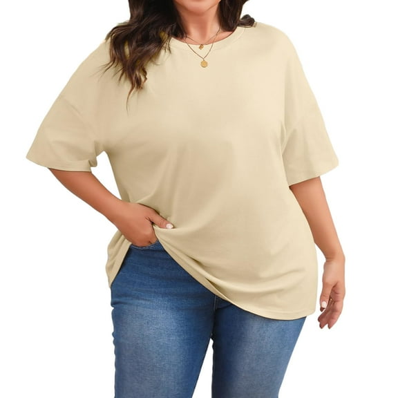 Summer Plus Size Women Solid Color Casual T-shirt Short Sleeve Crew Neck Tops