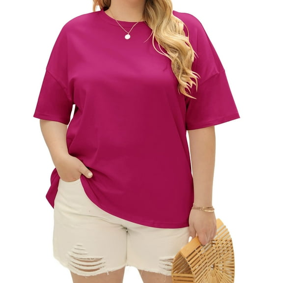 Summer Plus Size Women Solid Color Casual T-shirt Short Sleeve Crew Neck Tops