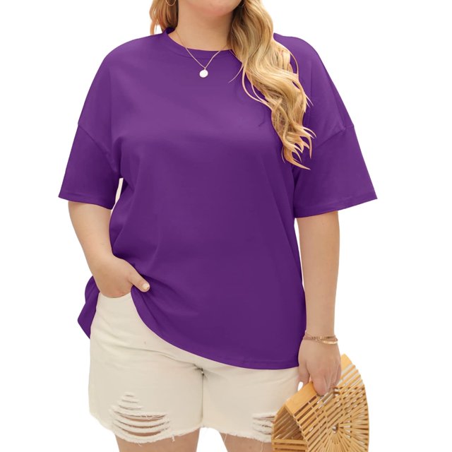 Summer Plus Size Women Solid Color Casual T-shirt Short Sleeve Crew Neck Tops