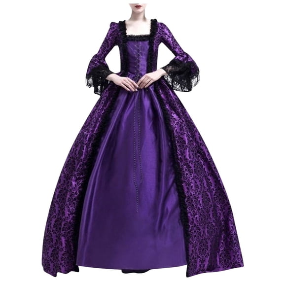 Summer Plus Size Women's Dress Women Retro Party Princess Cosplay Dress Square Collar Lace Floor Length Dress Purple 16(XXXXL)