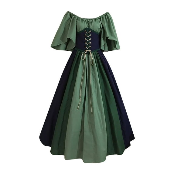 Summer Plus Size Women's Dress Women's Middle Ages Vintage Color Matching Short Sleeve off Shoulder Dress Green 8(L)