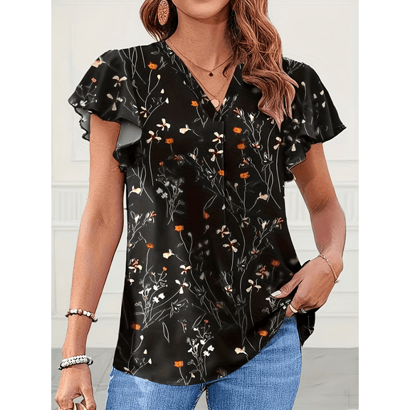Summer Plus Size Women's Fashionable Printed V-neck Bubble Sleeve Top