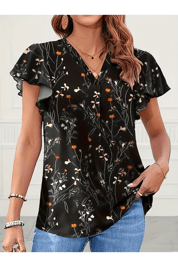 Summer Plus Size Women's Fashionable Printed V-neck Bubble Sleeve Top