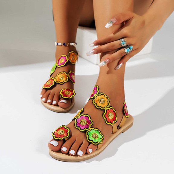 Summer Plus-size Ethnic Style Flower Clip-toe Beach Flat Sandals Sandals for Women Green 43