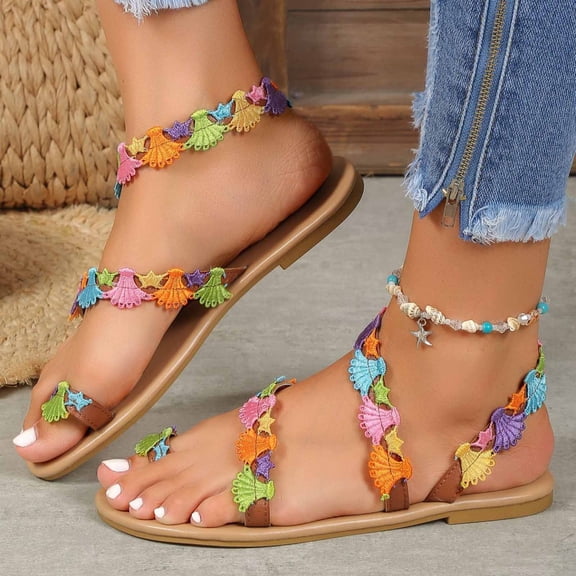 Summer Plus-size Ethnic Style Flower Clip-toe Beach Flat Sandals Summer Sandals for Women Brown 37