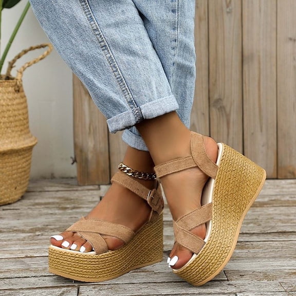 Summer Plus-size New Muffin Wedge Suede Fish Mouth Sandals Sandals for Women Khaki 39