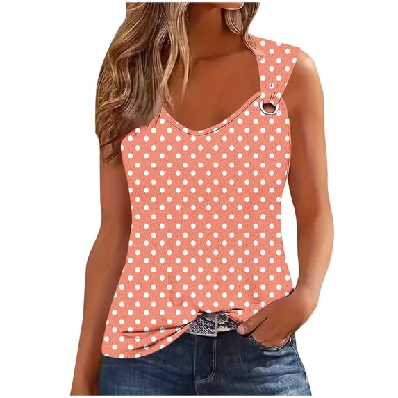 Summer Polka Dot Tank Top Womens Casual O-Ring Strap Trendy Sleeveless Eyelet Tops Shirt Blouses( Orange, XL )