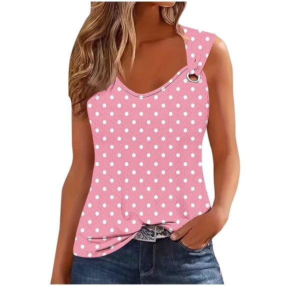 Summer Polka Dot Tank Top Womens Casual O-Ring Strap Trendy Sleeveless Eyelet Tops Shirt Blouses( Pink, S )
