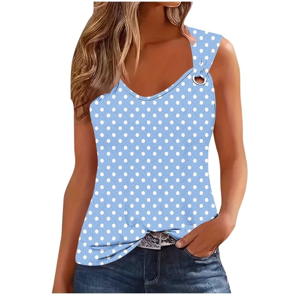 Summer Polka Dot Tank Top Womens Casual O-Ring Strap Trendy Sleeveless Eyelet Tops Shirt Blouses( Sky Blue, XL )