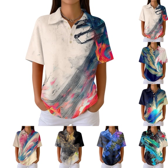 Summer Polo Shirts for Women Waffle Knit Retro Texture Print Golf Shirts for Women Short Sleeve Button Down Collar Fashion Clothing Blouse Orange XXL
