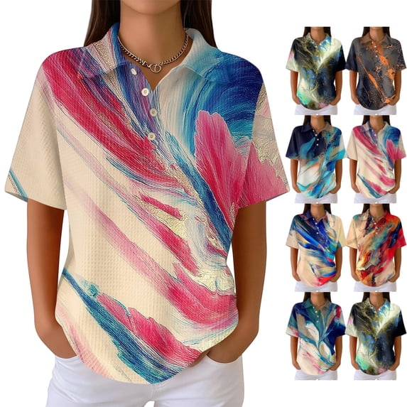Summer Polo Shirts for Women Waffle Retro Texture Gradient Print Golf Polos Short Sleeve Button Collar Trendy Blouse Blue XXL