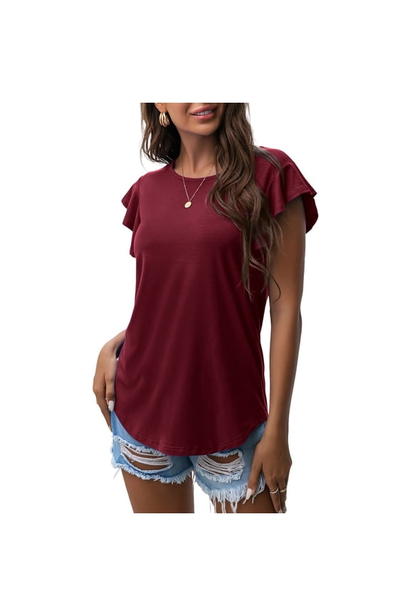 Summer Polyester Short Sleeve Crewneck Spandex T Shirts for Women Red Fashion Solid Color Crew Neck Ladies Round Ruffle Shirt XXL