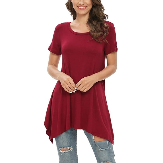 Red Plus Size Woman Shirts, Short Sleeve Plus Size Womens T Shirts, Polyester Plus Size Women'S Tops, Womens O Neck Collar Color Solid Plus Size Casual Blouse Tops