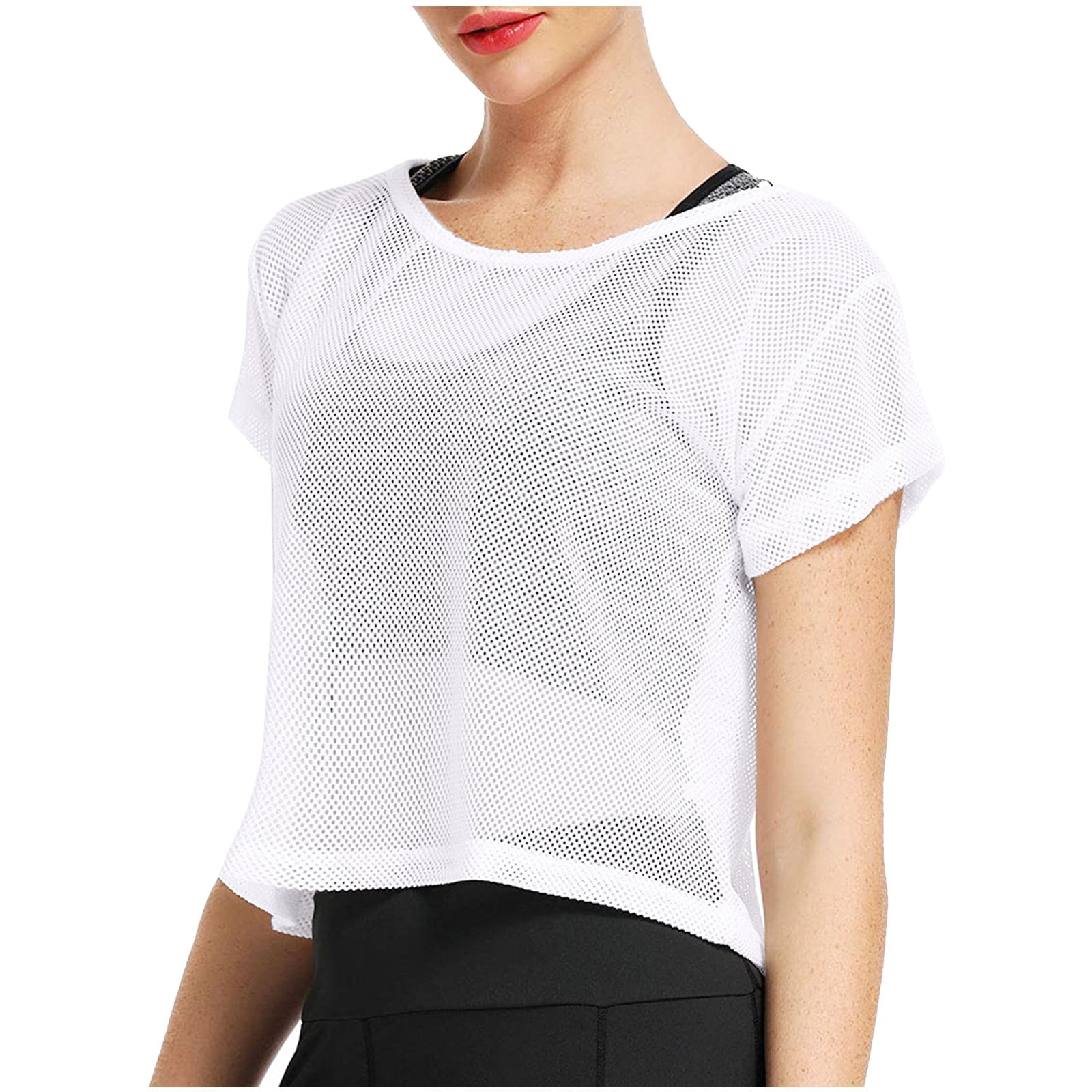 Summer Polyester Short Sleeve T Shirts for Women White Sexy Sheer Mesh  Fishnet T-Shirt Crop Top Net Tee Shirt XL 