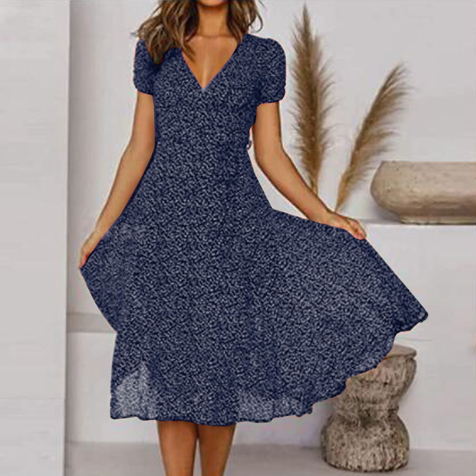 Blue Boho Summer Dress, Short Sleeve Beach Outfits for Women
