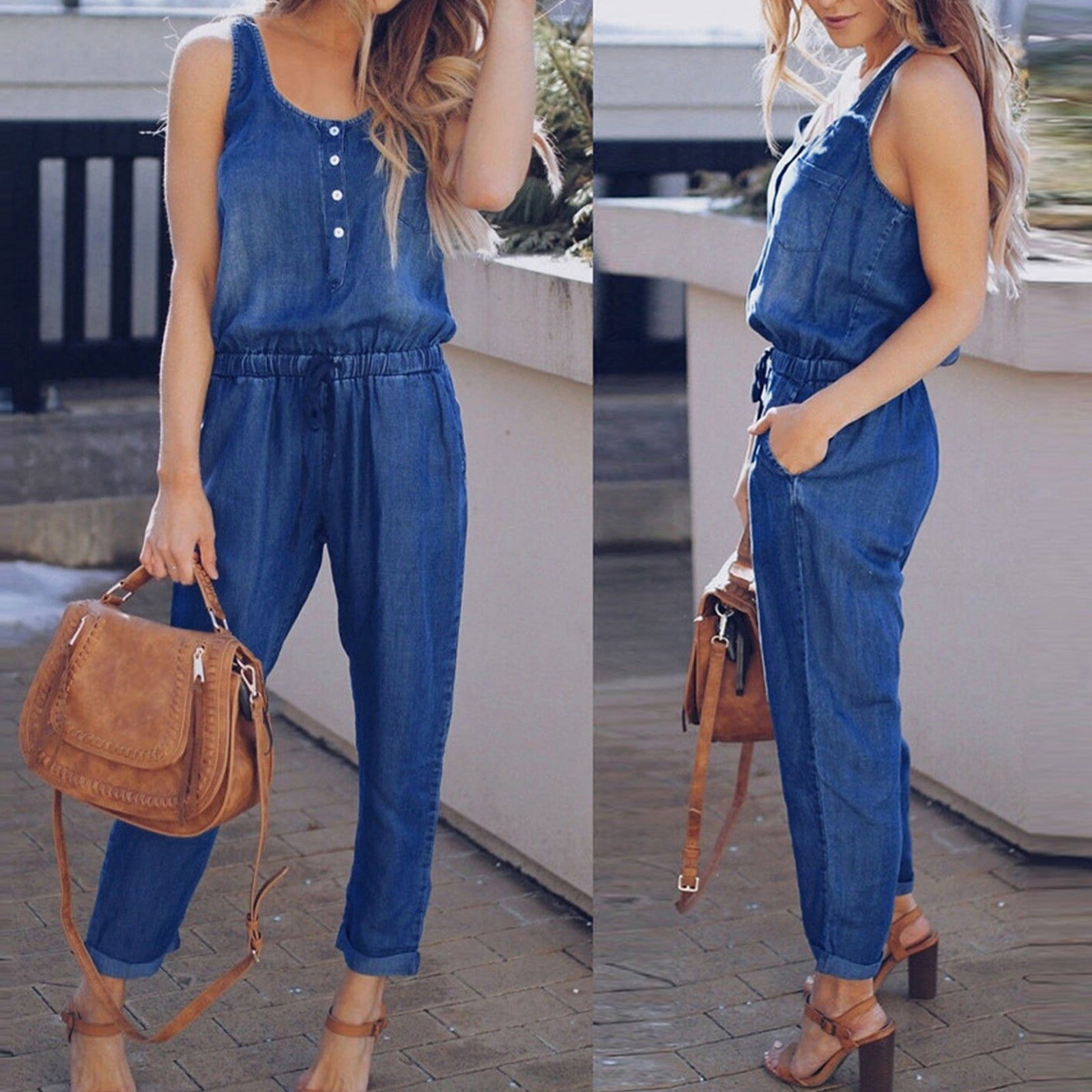 Summer Polyester Sleeveless Jean Jumpsuits for Women Blue Leisure Heart