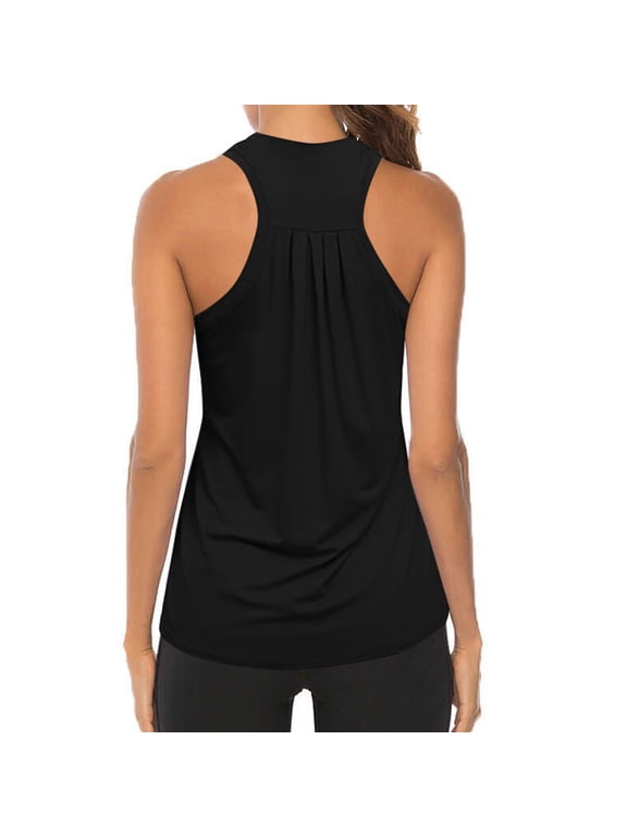Summer Polyester Sleeveless Workout Racerback Yoga Tank Tops for Women Black Activewear Heart Pleated Gym Shirts Athletic L