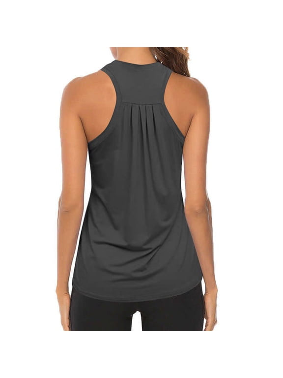 Summer Polyester Sleeveless Workout Racerback Yoga Tank Tops for Women Gray Activewear Heart Pleated Gym Shirts Athletic L