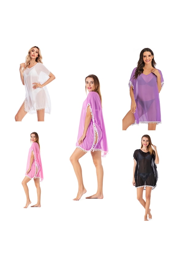 Summer Pom Pom Trim Kaftan Chiffon Swimwear Women Beach Bikini Swimwear Cover Up for Holiday Vacation Honeymoon