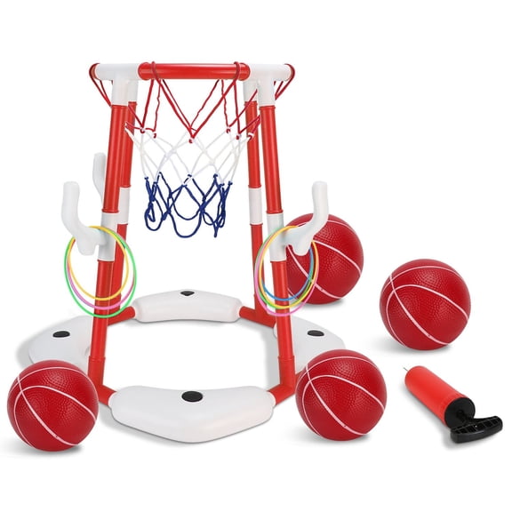 Summer Pool Basketball Hoop Toy Set With 4 Basketballs 4 Circles Pump Floating Swimming Pool Basketball Games Poolside Water Play Toy For 3-12Years Old Kids Adults