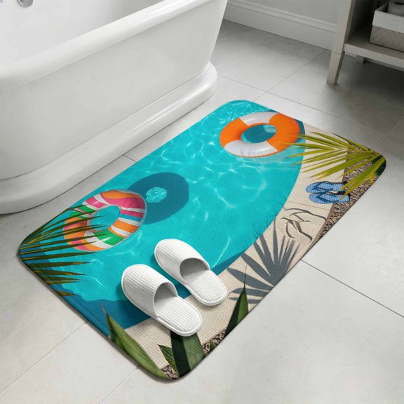 Summer Pool Bathroom Rugs Non Slip Washable Bath Mat Absorbent Low Pile Front Door Mat Tropical Botanical Swimming Ring Indoor Doormat for Kitchen Entryway Shower Decor Accessories 15.7"x23.6"
