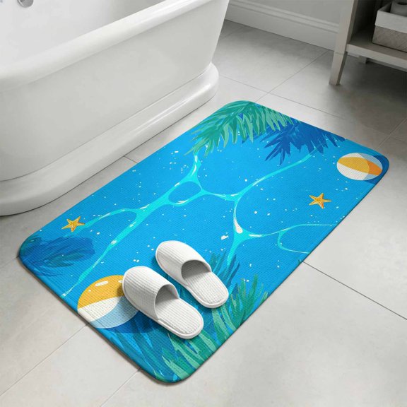 Summer Pool Bathroom Rugs Non Slip Washable Bath Mat Absorbent Low Pile Front Door Mat Tropical Palm Tree Leaves Beach Blue Indoor Doormat for Kitchen Entryway Shower Decor Accessories 15.7"x23.6"