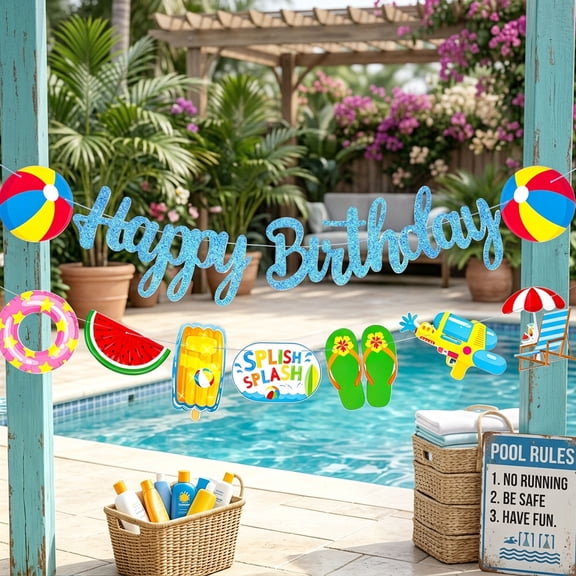 Summer Pool Birthday Banner Set - Double-Layer Design for Pool Party Decor & Water-Themed Celebrations