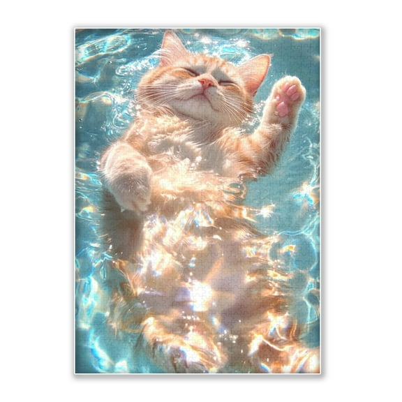Summer Pool-Cat's Lazy Time-Swimming 500 Piece Adult Jigsaw Puzzle, Intellectual Challenge, Home Wall Decoration, Holiday Party, Birthday Gift, Adult Fun Jigsaw Puzzle. Size: 20.5 x 15in