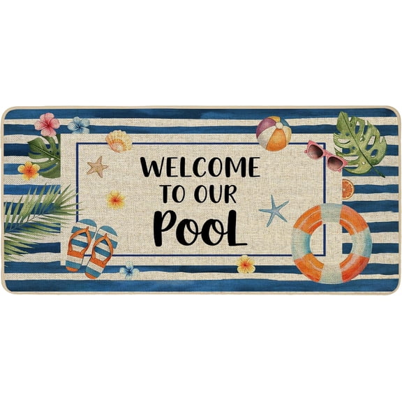 Summer Pool Doormat 17x36 Inch Long, Welcome to Our Tropical Poolside Low Profile Door Mat Non-Slip Rubber Backing for Floor Entrance Seasonal Outside Patio Porch Home Decor