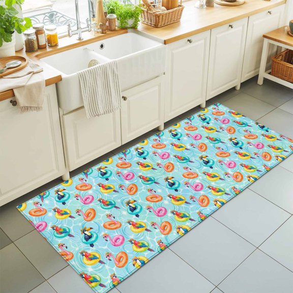 Summer Pool Float Swim Rings Rectangle Area Rug 2x6ft,Living Room Rug Non-Slip Washable Circle Rugs Pad,Tropical Flamingo Birds Soft Floor Carpet for Bedroom Dining Room