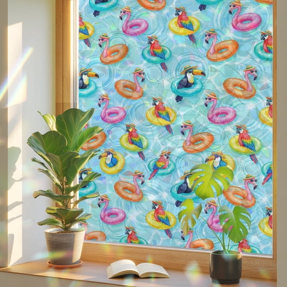 Summer Pool Float Swim Rings Window Privacy Film, Rainbow Film Decorative Window Sticker 17.7x39.3in, Tropical Flamingo Birds Sun Blocking Static Stained Glass Cling Tint Non-Adhesive