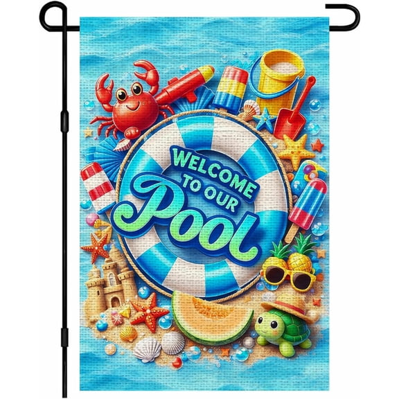 Summer Pool Garden Flag 12 x 18 Inch Welcome to Our Pool Yard Flag Double Sided Decorative Burlap Summer Beach Swimming pool Flags For Home Outdoor Yard Patio Lawn Outside Decorations Flags