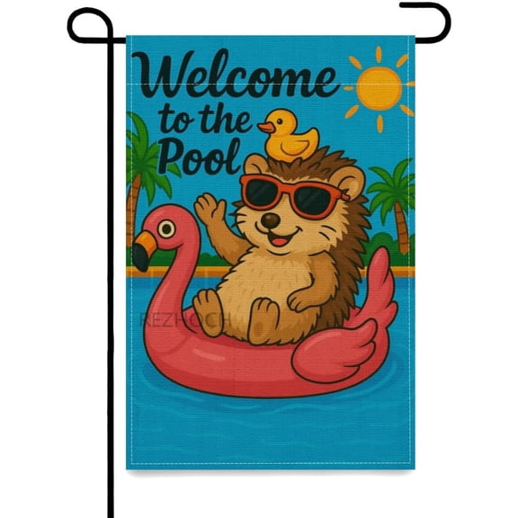 Summer Pool Hedgehog Garden Flag 12x18 Inch Double Sided Flamingo Swimming Ring Outdoor Yard Decoration