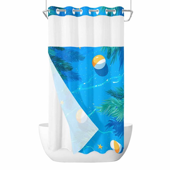 Summer Pool No Hook Shower Curtain with Snap in Liner, Waterproof Fabric Shower Curtains, Tropical Palm Tree Leaves Beach Blue Shower Curtain Set Top See Through for Bathroom 36"x72"