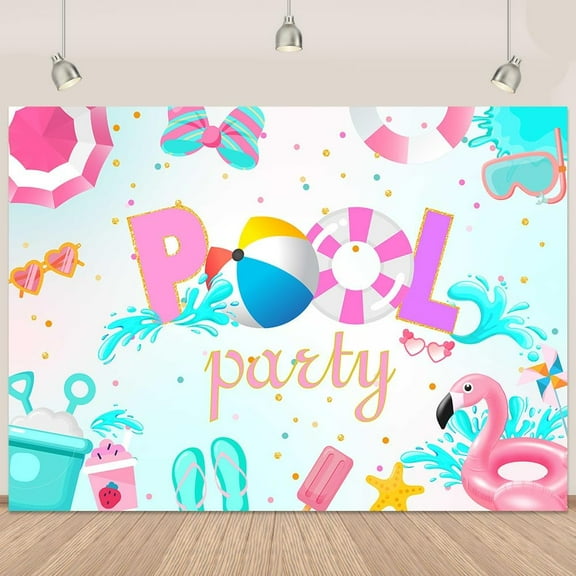 Summer Pool Party Backdrop Beach Ball Swim Ring Water Summer Pool Party Background Gold Glitter Dots Summer Party Photography Backdrop Birthday Swimming Pool Party Decoration Banner 7x5FT