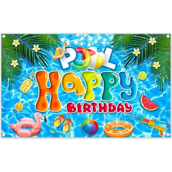 Summer Pool Party Backdrop Hawaiian Happy Birthday Background Swimming Balls Tropical Palm Tree Banner Decorations for Kids Photo Booth 5.9x3.6ft