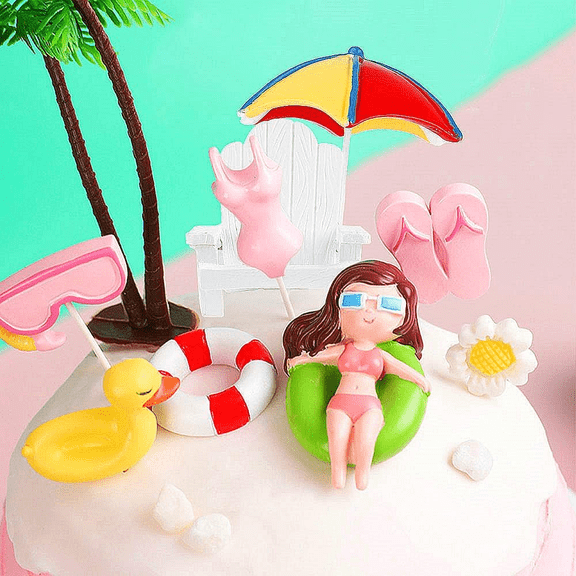 Summer Pool Party Cake Decorations - Beach Theme Figurine Set for Birthday & Summer Party Supplies