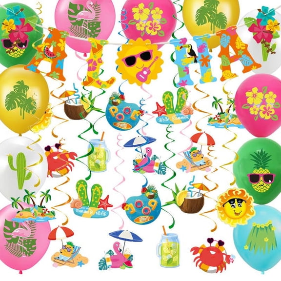 Summer Pool Party Decorations,Beach Party Decorations KKS1for Kid,Hawaiian Luau Themed Banner Balloons Summer Foil Hanging Swirls,Beach Decor for Home Office School Classroom