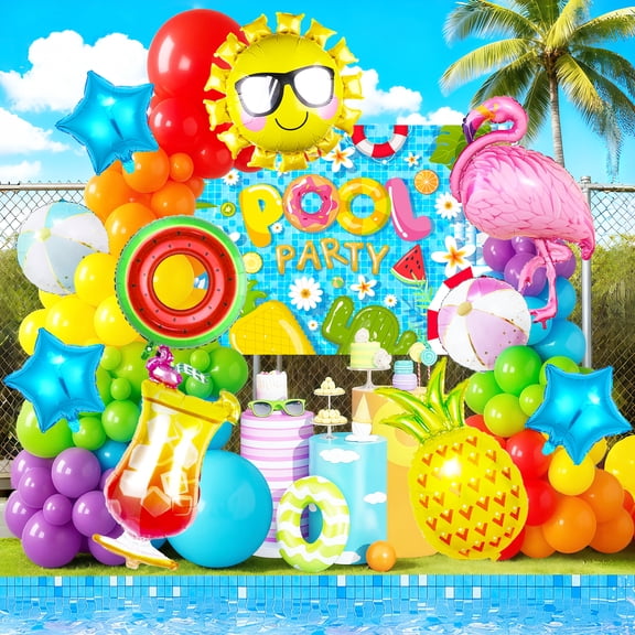 Summer Pool Party Decoration, 99pcs Pool Party Birthday Decorations Set Includes Pool Party Backdrop Tropical Balloons etc Hawaiian Party Birthday Decorations