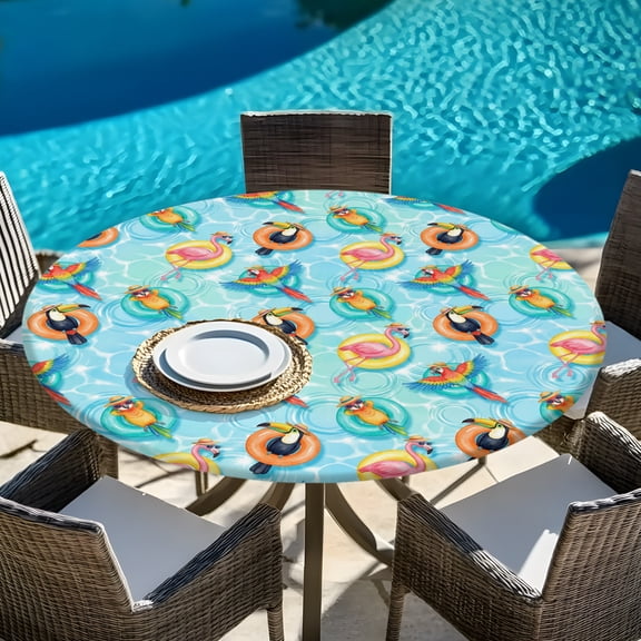 Summer Pool Party Flamingo Bird Round Fitted Tablecloth with Elastic Edge,Waterproof Table Cloth Fits Tables Up to 45"-54",Wipeable Table Cover for Indoor Outdoor Dinning Party,Seamless Swim Rings