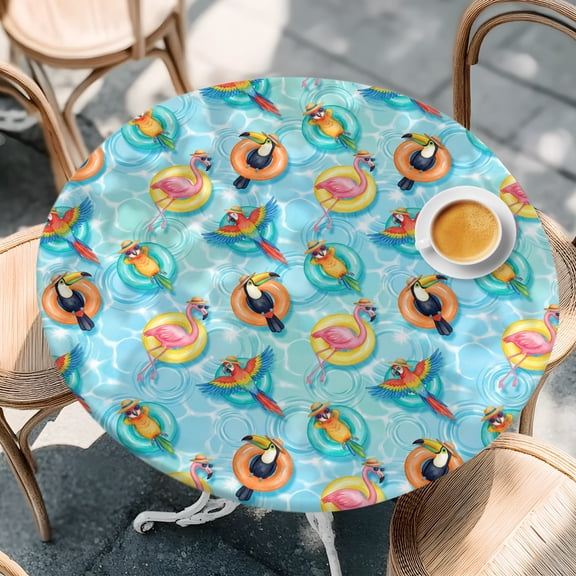 Summer Pool Party Flamingo Bird Round Fitted Tablecloth with Elastic Edge,Waterproof Table Cloth Fits Tables Up to 55"-60",Wipeable Table Cover for Indoor Outdoor Dinning Party,Seamless Swim Rings
