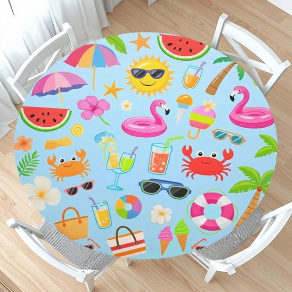 Summer Pool Party Round Fitted Tablecloth with Elastic Hawaiian Tropical Beach Theme Circle Table Cloth for 44-48" Tables Birthday Holiday Party Wipeable Waterproof Table Cover for Outdoor Picnic