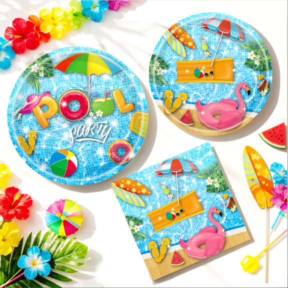 Summer Pool Party Theme Disposable Paper Plates and Napkin Set - Summer Tropical Outdoor Party Supplies