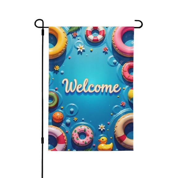 Summer Pool Party Welcome Garden Flag 12x18 Inch Double Sided Inflatable Floats, Flowers & Rubber Duck Outdoor Yard Decoration For Patio & Lawn