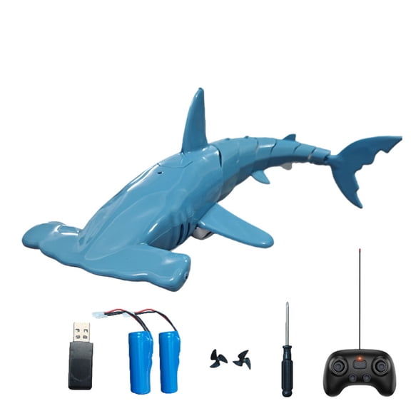 Summer Pool RC Shark Boat, Beach and Summer Boat Electric 2.4GHz Remote Control Shark Model with Diving Function Water Spray Swimming for Lake Water- Blue / 2 Battery
